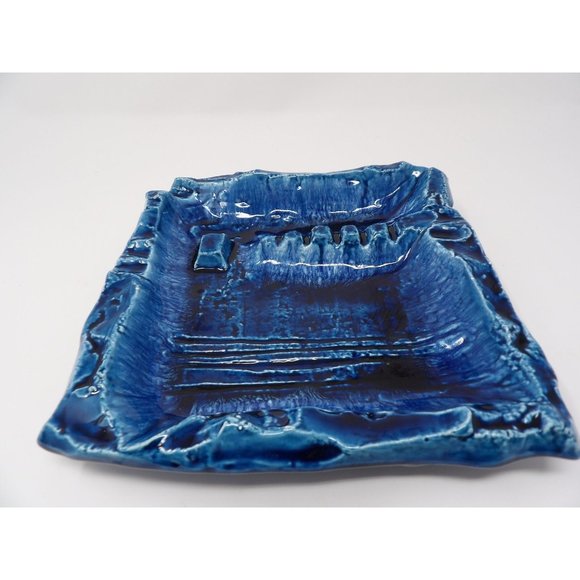 Pair Vintage MCM Large Blue Ashtrays Marked Japan. Square Ashtray 9 1/4" L x 9 1 - Picture 3 of 10